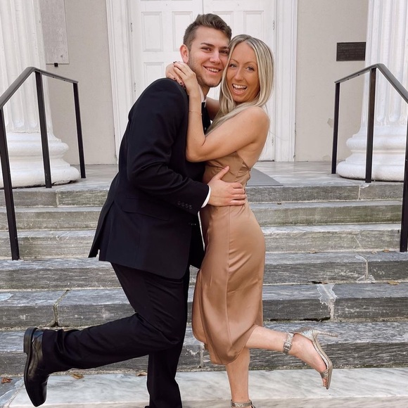 Forever 21 Tan/Gold Satin Cowl Neck Midi/Maxi Dress with slit - Size Small - Picture 4 of 7